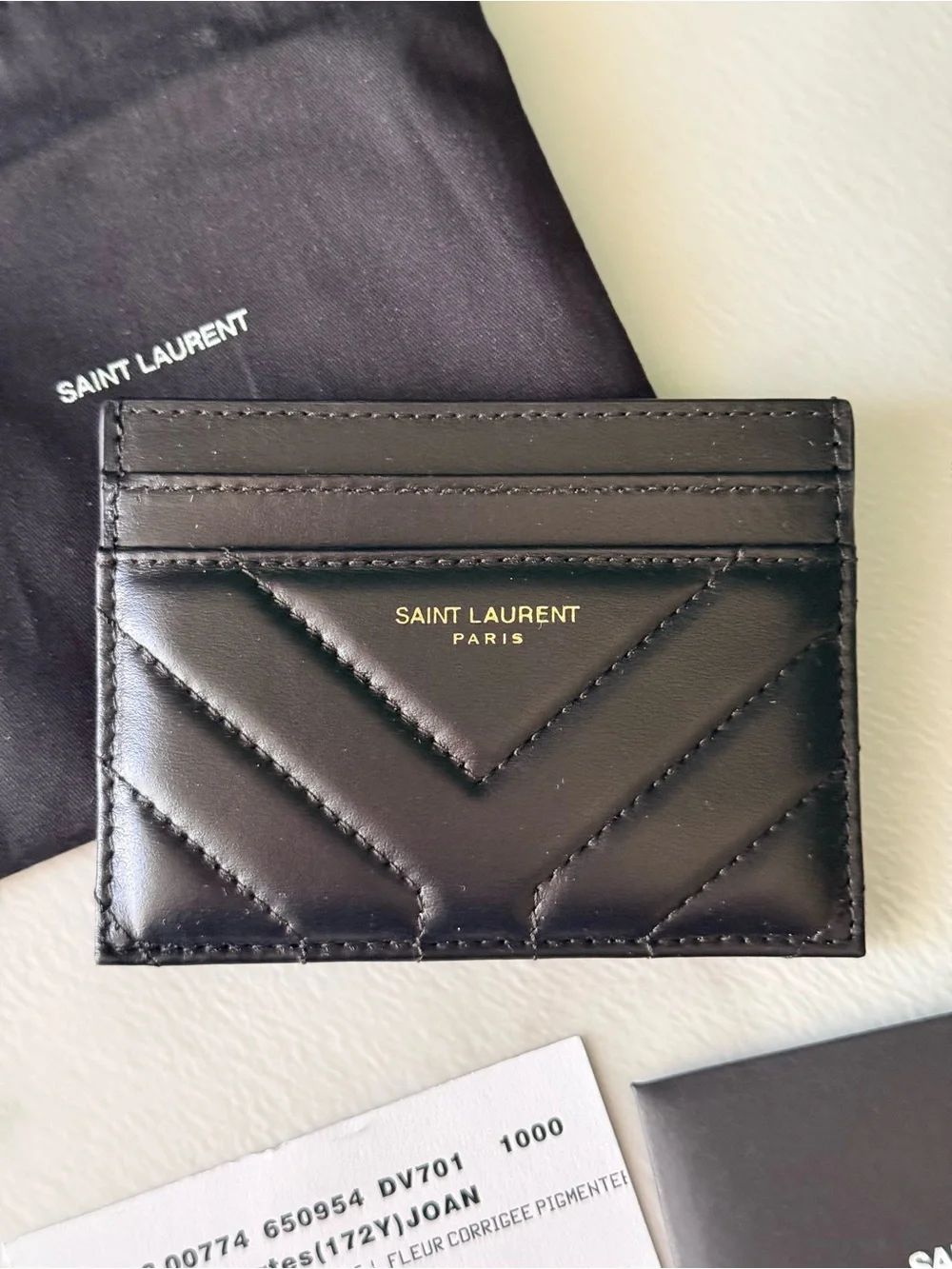 Saint Laurent YSL Black Quilted Leather Card Case with Gold Logo